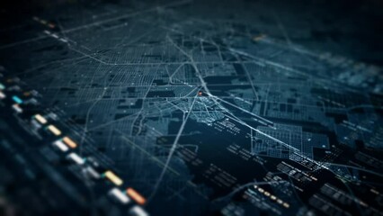 Futuristic motion graphic user interface head up display screen with digital data city map telemetry information display for digital background computer desktop display screen
