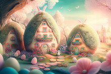 Easter Party, View Of A Delightful Valley With Cute Fairytale Easter Cottages. Happy Easter Day. Generative AI.