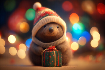 Wall Mural - Adorable Mole with Christmas Hat and Present: A Bokeh Holiday Delight