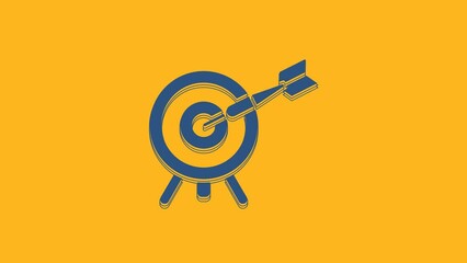 Sticker - Blue Target with arrow icon isolated on orange background. Dart board sign. Archery board icon. Dartboard sign. Business goal concept. 4K Video motion graphic animation