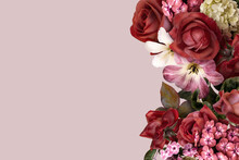 Floral Banner, Header With Copy Space. Red Roses, White Hydrangea Anf Phlox Isolated On Pastel Pink  Background. Natural Flowers Wallpaper Or Greeting Card.