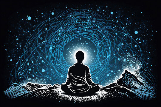 meditation, galaxy, the law of attraction, vector line art illustration. generative ai.
