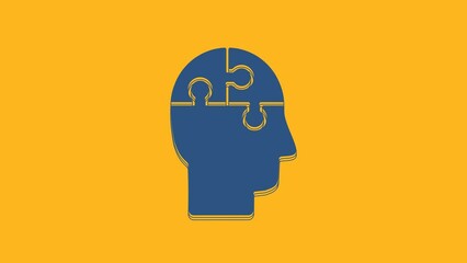 Canvas Print - Blue Human head puzzles strategy icon isolated on orange background. Thinking brain sign. Symbol work of brain. 4K Video motion graphic animation