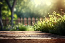 Wooden Planks And Blurred Garden In Background. Generative Ai Design.