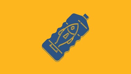 Poster - Blue Stop ocean plastic pollution icon isolated on orange background. Environment protection concept. Fish say no to plastic. 4K Video motion graphic animation