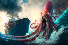 Huge Angry Grinning Scary Squid Rising Up Attacks A Modern Liner Ship In The Ocean Sea. Generative AI