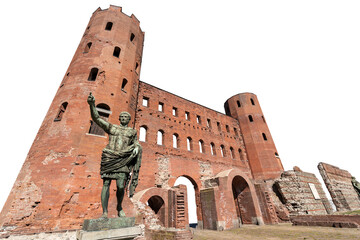 Wall Mural - Ancient Roman ruins of Palatine gate and towers (Porta Palatina), isolated on white or transparent background, Turin downtown (Torino), Piedmont, Italy, Europe. Png.