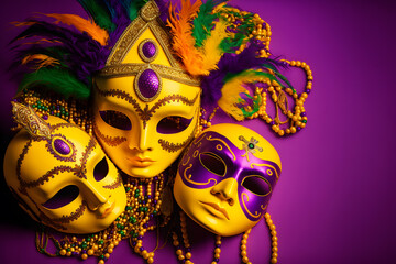 Group of venetian mardi gras mask or disguise on a colorful bright background. Neural network AI generated art