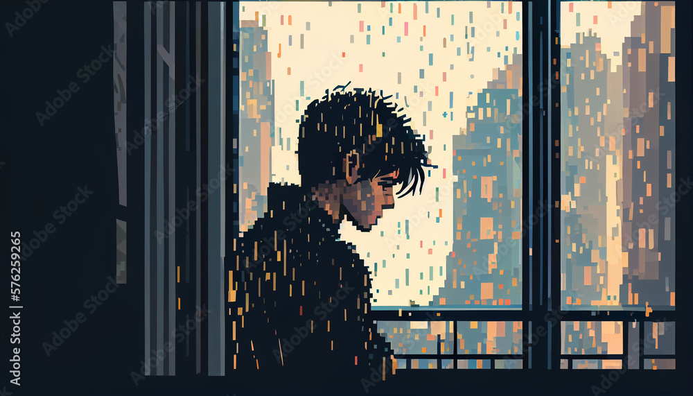 illustration of a person who is sad and pensive sitting by the window looking out the window in rainy weather due to the big loss of a loved one