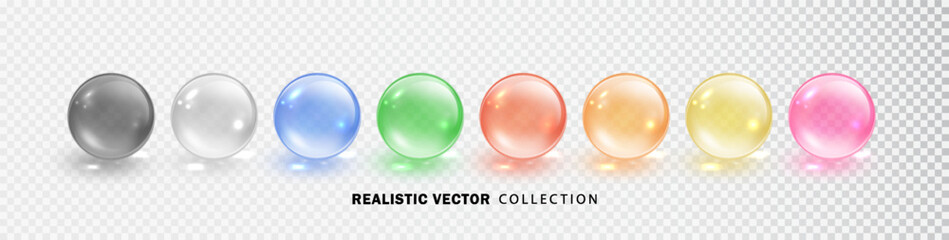 Glass colored spheres set isolated on transparent background. Realistic glossy 3D colorful glass balls collection, multicolored vector illustration.