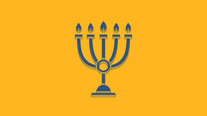 Sticker - Blue Hanukkah menorah icon isolated on orange background. Hanukkah traditional symbol. Holiday religion, jewish festival of Lights. 4K Video motion graphic animation