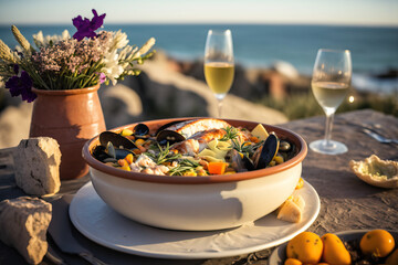 Canvas Print - French Coastal Delights: Bouillabaisse with Fresh Seafood Served with Perfect Wine AI GENERATIVE
