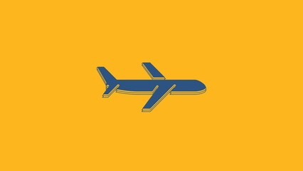 Poster - Blue Plane icon isolated on orange background. Flying airplane icon. Airliner sign. 4K Video motion graphic animation