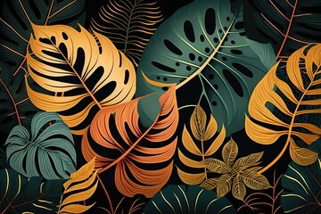  Tropical leaves and plants.Beautiful, minimalistic print for your decor for postcard, congratulations and poster. Generative AI