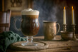 Irish coffee with foam served in a large transparent mug or glass. A dark strong drink standing in an atmospheric bar or restaurant. Dark beer. Banner illustration. Studio lighting. Generative AI.