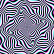 Optical art background of white black and cyan magenta wavy stripes twisted in a weird spiral. Psychedelic round ornament design.