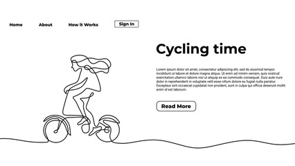 Wall Mural - Ride a bike one line drawing of bicycle. Cycling time hand drawn minimalist landing page design. Vector illustration a girl with cycle during sport time.