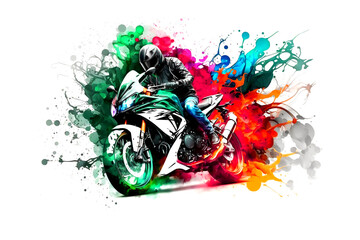 Wall Mural - Sticker of Biker on sport motorcycle in watercolor style on white background. Neural network AI generated art