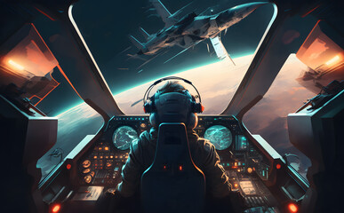 airplane cockpit view during intergalaxy journey flight or spaceship battle. neural network ai gener