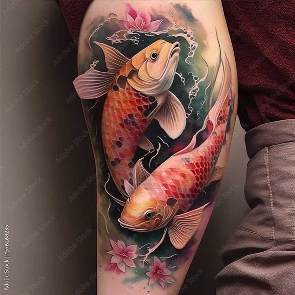 Tattoo of Japanese colored Koi fish swimming with lotus flowers. AI ...