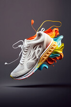 White Colorful Sports Sneakers With Flying Shoe Abstract Painting Shapes White Pastel Background