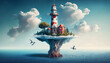 © MxCaptures - A Fantasy-inspired Floating Island with a Modern Twist, Overlooking a Scenic Blue Sky and Clouds Background - Generative Ai