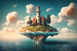 © MxCaptures - A Fantasy-inspired Floating Island with a Modern Twist, Overlooking a Scenic Blue Sky and Clouds Background - Generative Ai