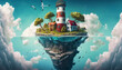 © MxCaptures - A Fantasy-inspired Floating Island with a Modern Twist, Overlooking a Scenic Blue Sky and Clouds Background - Generative Ai