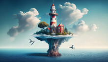 A Fantasy-inspired Floating Island With A Modern Twist, Overlooking A Scenic Blue Sky And Clouds Background - Generative Ai