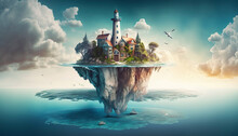 A Fantasy-inspired Floating Island With A Modern Twist, Overlooking A Scenic Blue Sky And Clouds Background - Generative Ai