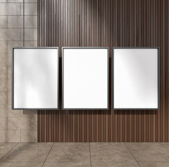 Wall Mural - Vertical posters on beige and dark wooden wall