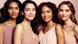 © MD Media - Group of Beautiful multiracial women friends posing in studio on colored background with colorful fashionable clothes style