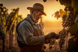 Elderly farmer man harvesting grapes in the vineyard early in the day - AI generative