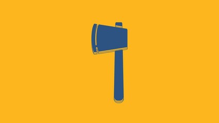 Sticker - Blue Wooden axe icon isolated on orange background. Lumberjack axe. Happy Halloween party. 4K Video motion graphic animation