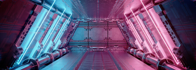 Wall Mural - Blue and pink spaceship interior with neon lights on panel walls. Futuristic corridor in space station background. 3d rendering