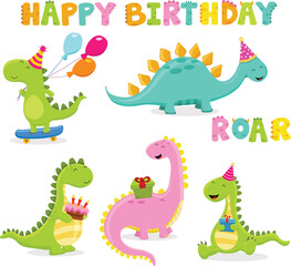 Wall Mural - Collection Of Cute Birthday Dinosaur Characters