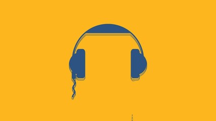 Sticker - Blue Headphones icon isolated on orange background. Earphones sign. Concept for listening to music, service, communication and operator. 4K Video motion graphic animation