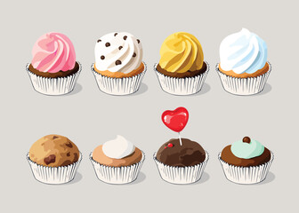 Wall Mural - Set of muffins with different toppings. Birthday cupcakes and muffin with heart shaped lollipop for valentine's day. For postcards, stickers, prints, posters, decorations, labels, cloth.