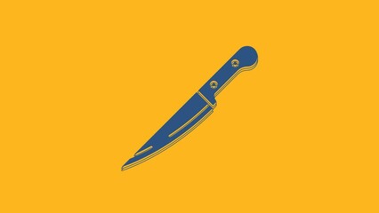 Sticker - Blue Knife icon isolated on orange background. Cutlery symbol. 4K Video motion graphic animation