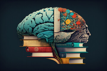 Wall Mural - conceptual art collage of brain on books representing science and knowledge, generative ai