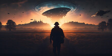 Flying Saucer Flies At Night In Sky Oversilhouette Of Man Standing In Field. Alien Abduction. Created With Generative AI