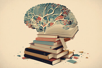 idea conceptual art collage of brain on books representing science and knowledge, generative ai