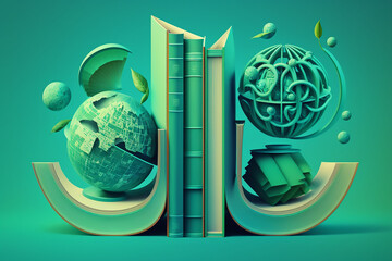 Wall Mural - conceptual art of some books on a turquoise green background from which various objects come out for