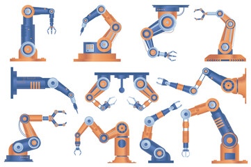 Fototapete - Industrial robot arms set graphic elements in flat design. Bundle of automatic robotic manipulators hands for working at conveyor line of assembly factory. Vector illustration isolated objects