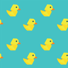 Seamless Pattern With Yellow Rubber Ducks And Soap Bubbles. Paper Origami
