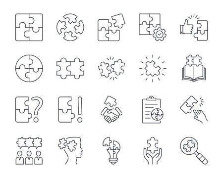 vector puzzle icons. editable stroke line icon set. simple elements teamwork problem solving. questi