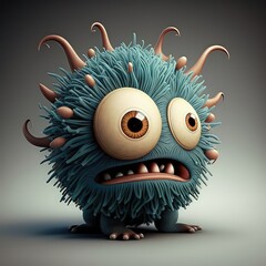 Wall Mural - A little creepy blue monster looks away in a cartoon style on a gray background. Two eyes, fantasy creature, teeth, spikes, high resolution, art, generative artificial intelligence