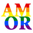 © teracreonte - Logo lgbt. Mes del orgullo. Letras palabra amor en español en texto con textura con los colores de la bandera arco iris