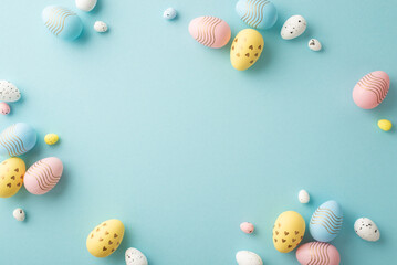 Wall Mural - Easter party concept. Top view photo of composition of colorful quail eggs on isolated pastel blue background with empty space in the middle