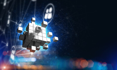 Wall Mural - concept of internet and networking with digital cube figure on dark background